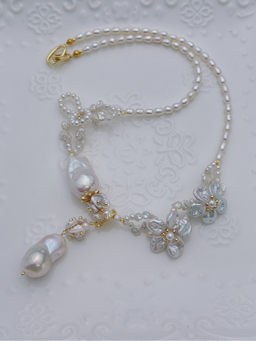 26X551 Handmade Premium Quality Freshwater Baroque Pearl Flower Necklace 18”